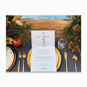 A Detailed Close Up Illustration Captures An Autumnal Table Setting Festive Dinner Arrangement Taki (3) Canvas Print