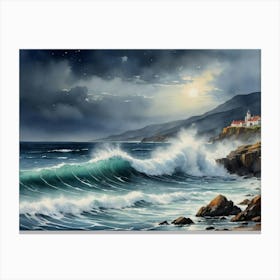 Lighthouse At Night The Fury of the Ocean Canvas Print