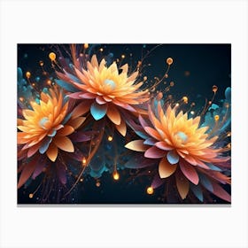 Three Glowing Flowers With Ethereal, Translucent Petals In Shades Of Orange, Blue, And Purple Bloom Against A Dark Background With Sparkling Particles Canvas Print