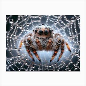 Cute Spider in Web covered with rain drops 2 Canvas Print