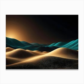 A Futuristic, Abstract Scene With A Golden Desert And Turquoise Mountains With A Golden Sunrise Canvas Print