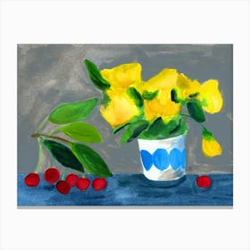 Yellow Flowers And Cherries - still life yellow red blue Canvas Print