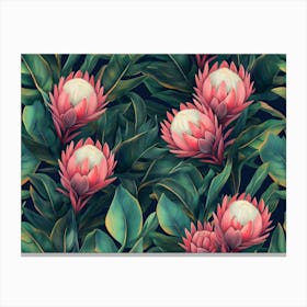 Tropical Exotic Seamless Pattern With Protea Flowers In Tropical Leaves Canvas Print