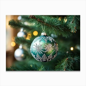 A Meticulously Detailed Geometrical Bauble Delicately Poised On The Thin Frost Dusted Branches Of Canvas Print