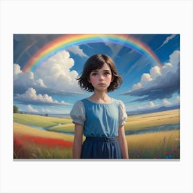 Young Girl With Brown Hair And Blue Eyes Standing In A Field With A Rainbow In The Sky Canvas Print