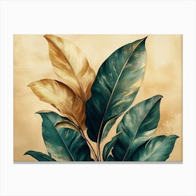 Vintage Tropical Green Brown Leaves, Beige Background, Golden Texture 2 Canvas Print