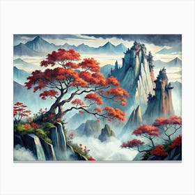 Misty Mountain Landscape With Red Trees Canvas Print