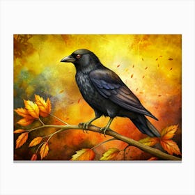 Black Crow Sitting On A Branch With Autumn Leaves Canvas Print