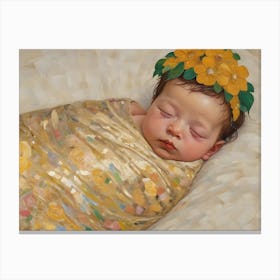 Newborn Baby In A Yellow Flower Crown in Klimt Style Canvas Print