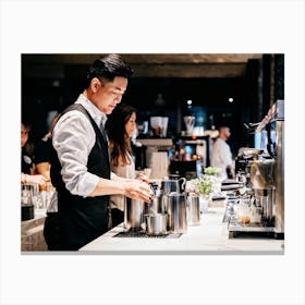 Barista Focused On Pouring Water Into A Step By Step Dripper Amid The Bustling Ambiance Of A Busy C (5) Canvas Print