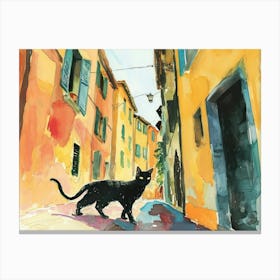 Black Cat In Verona, Italy, Street Art Watercolour Painting 1 Canvas Print