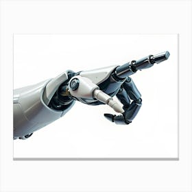 A Robotic Arm With White Casing And Black Joints Reaches Out With Its Index Finger Extended, Isolated On A White Background Canvas Print