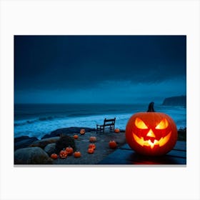 Coastline Celebration Captured At Dusk A Single Jack O Lantern With A Carved Face Glowing Eerily On 2 1 Canvas Print