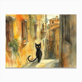 Black Cat In Foggia, Italy, Street Art Watercolour Painting 1 Canvas Print