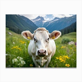 A Closeup On A Pure White Cow Ambling Leisurely In A Verdant Alpine Meadow The Beast Exuding Pure C (2) Canvas Print