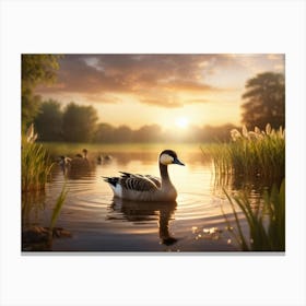 Young Canadian Goose Its Down Feathers Glowing Golden In The Spring Time Swimming Joyfully In A Se (1) Canvas Print