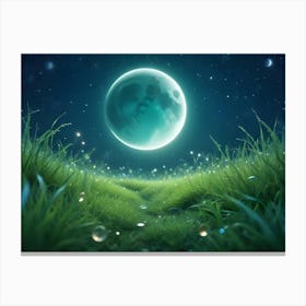 A Dreamy, Surreal Illustration Of A Glowing, Green Moon Rising Over A Field Of Grass With Fireflies Canvas Print