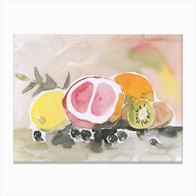 Watercolor Painting Of Fruits hand painted peach lemon grapefruit kiwi kitchen art horizontal food art Canvas Print
