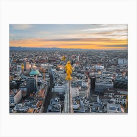 Aerial photography on statue of the Madonna on the spire of Duomo in Milano Canvas Print