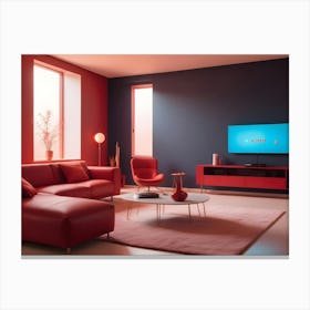 A Modern Living Room Interior With A Red Sofa, A Coffee Table, And A Large Tv Screen Displaying A Streaming Service Logo Canvas Print