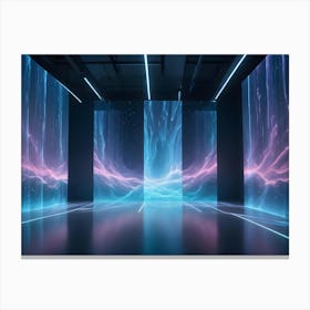 An Abstract Image Of A Futuristic Room With Glowing Light Installations On The Walls Canvas Print