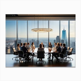 Confident Ceo Seated At The Head Of A Sleek Gleaming Mahogany Conference Table Leading An Energize (4) Canvas Print