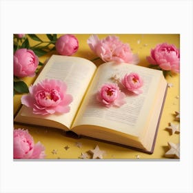 An Open Book With Antique Handwritten Text Lies On A Yellow Background Surrounded By Pink Peonies And Golden Stars Canvas Print