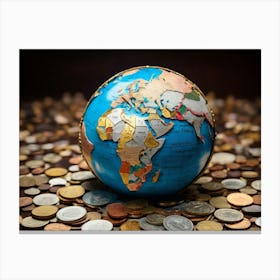 World Globe On A Pile Of Coins Canvas Print