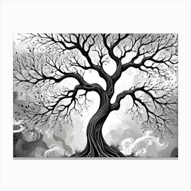 Black And White Illustration Of A Tree With Swirling Branches 1 Canvas Print