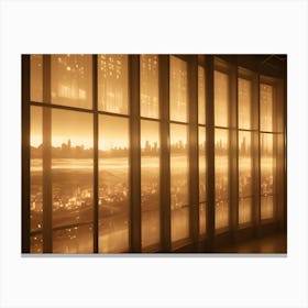 A Wall Of Windows Displaying A City Skyline At Sunset Canvas Print