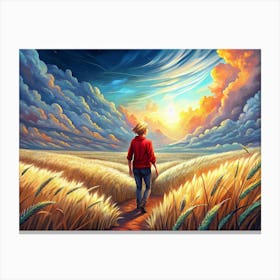 Girl In Red Walking Toward A Sunset In A Field Of Wheat Canvas Print