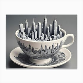 A White Teacup And Saucer With A Miniature City, Reminiscent Of New York City, Perched Inside Canvas Print