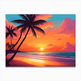 A Tranquil Beach At Sunset Horizontal Illustration 64 Canvas Print