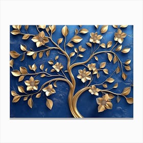 Elegant Gold and Royal Blue Floral Tree with Seamless Leaves and Flowers 1 Canvas Print