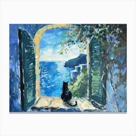 Cat On A Window In Amalfi Blue Matisse Style Canvas Print