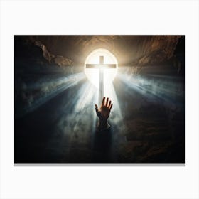 An Ultra Realistic Depiction Of A Hand Raised In A Gesture Of Prayer Emerging From Darkness Into A (2) Canvas Print