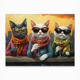 City Cats With Wine 1 Canvas Print