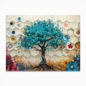 Turquoise Tree On Oak Wood With A White Lattice, Enhanced By Colorful Hexagonal Canvas Print