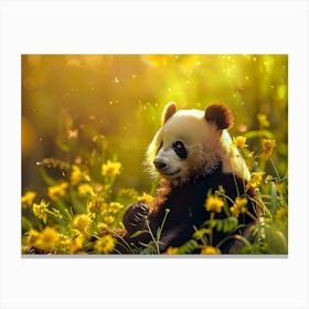 Serenity in Nature: Panda Amid Golden Blooms Canvas Print