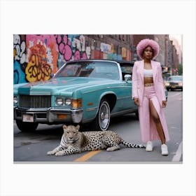 Leopard and woman with pink afro Canvas Print