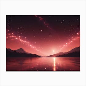 Pink Nebula Lights Up A Starry Night Sky Over A Tranquil Lake And Mountains At Sunset, Creating A Surreal And Dreamy Scene Canvas Print