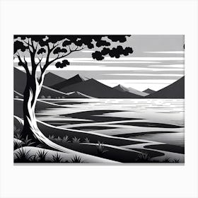 Landscape With Tree, monochromatic vector art Canvas Print