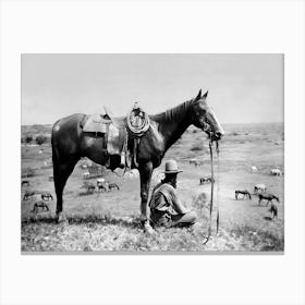 Cowboy And His Horse, Black and White, Western Art, Vintage Old Photo Canvas Print