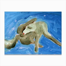 Dog Licks Balls painting animal pet dog blue hand painted acrylic artwork horizontal blue funny Canvas Print