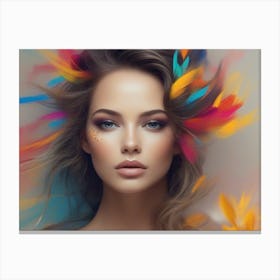 Beautiful Girl With Colorful Feathers Canvas Print