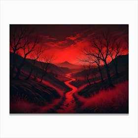 A Winding River Flows Through A Desolate Landscape With Bare Trees And A Red Colored Sky Canvas Print