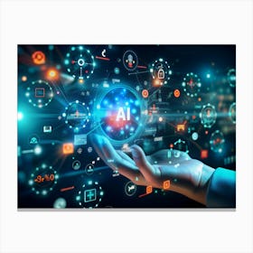 A Hand Holding A Glowing Orb With Ai Written On It, Surrounded By Digital Icons And Data Visualizations Canvas Print