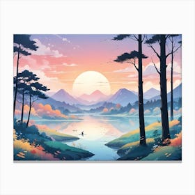 A Peaceful Illustration Of A Lake Surrounded By Trees, Mountains, And A Large, Colorful Sun Canvas Print