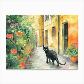 Black Cat In Milano, Italy, Street Art Watercolour Painting 3 Canvas Print