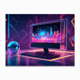 A Still Life Of A Computer, Keyboard, And A Reflective Sphere In A Futuristic, Neon Lit Room Canvas Print